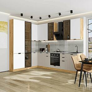 Модульный кухонный гарнитур Евро Лайн-07 Белый, Агат/Дуб Вотан 2340x2000/3000x600 Полки стекло