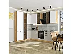 Модульный кухонный гарнитур Евро Лайн-07 Белый, Агат/Дуб Вотан 2340x2000/3000x600 Полки стекло