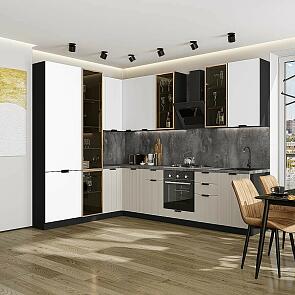 Модульный кухонный гарнитур Евро Лайн-07 Белый, Агат/Graphite 2340x2000/3000x600