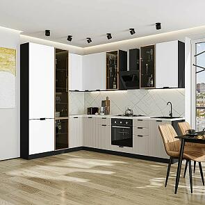Модульный кухонный гарнитур Евро Лайн-07 Белый, Агат/Graphite 2340x2000/3000x600 Полки стекло