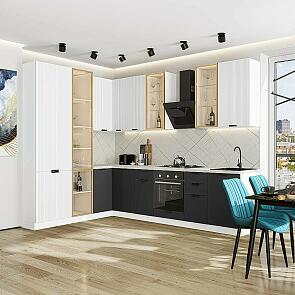 Модульный кухонный гарнитур Евро Лайн-07 Белый, Антрацит/Белый 2340x2000/3000x600 Полки стекло