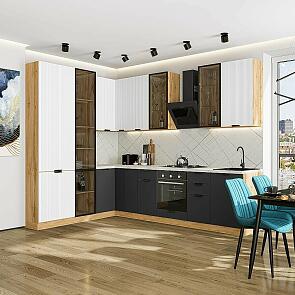 Модульный кухонный гарнитур Евро Лайн-07 Белый, Антрацит/Дуб Вотан 2340x2000/3000x600 Полки стекло