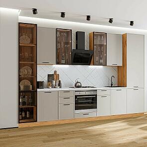 Модульный кухонный гарнитур Фрейм-06 Clay Silk/Дуб Вотан 2340x3400x600 Полки стекло