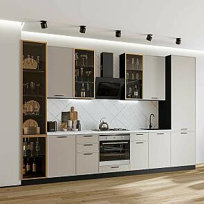 Модульный кухонный гарнитур Фрейм-06 Clay Silk/Graphite 2340x3400x600 Полки стекло