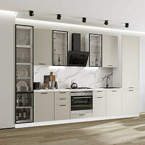 Модульный кухонный гарнитур Фрейм-06 Cream Silk/Белый 2340x3400x600 Полки стекло