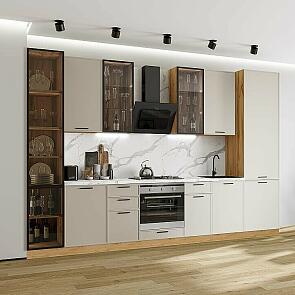 Модульный кухонный гарнитур Фрейм-06 Cream Silk/Дуб Вотан 2340x3400x600 Полки стекло