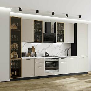 Модульный кухонный гарнитур Фрейм-06 Cream Silk/Graphite 2340x3400x600 Полки стекло