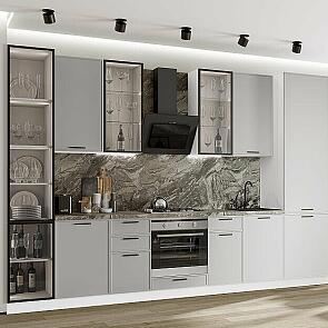 Модульный кухонный гарнитур Фрейм-06 Grey Silk/Белый 2340x3400x600 Полки стекло