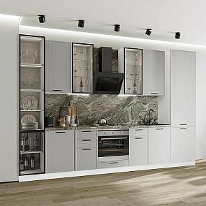 Модульный кухонный гарнитур Фрейм-06 Grey Silk/Белый 2340x3400x600 Полки стекло