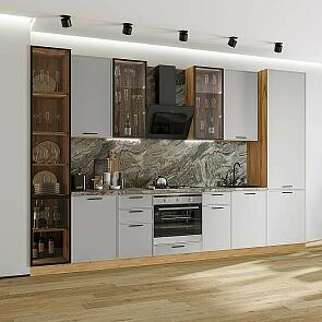 Модульный кухонный гарнитур Фрейм-06 Grey Silk/Дуб Вотан 2340x3400x600 Полки стекло