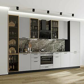 Модульный кухонный гарнитур Фрейм-06 Grey Silk/Graphite 2340x3400x600 Полки стекло