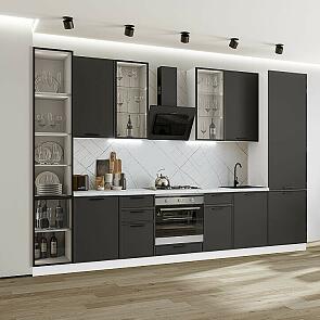 Модульный кухонный гарнитур Фрейм-06 Stormy Silk/Белый 2340x3400x600 Полки стекло