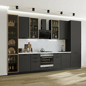 Модульный кухонный гарнитур Фрейм-06 Stormy Silk/Graphite 2340x3400x600 Полки стекло