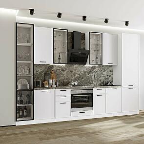 Модульный кухонный гарнитур Фрейм-06 White Silk/Белый 2340x3400x600 Полки стекло