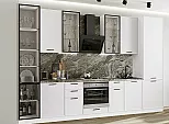 Модульный кухонный гарнитур Фрейм-06 White Silk/Белый 2340x3400x600 Полки стекло