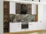 Модульный кухонный гарнитур Фрейм-06 White Silk/Дуб Вотан 2340x3400x600 Полки стекло