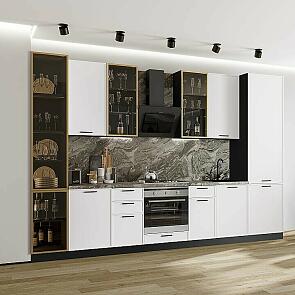 Модульный кухонный гарнитур Фрейм-06 White Silk/Graphite 2340x3400x600 Полки стекло