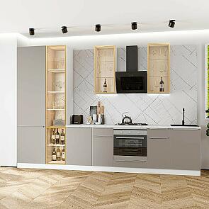 Модульный кухонный гарнитур Фьюжн-08 Clay Silk/Белый 2340x3400x600 Полки стекло