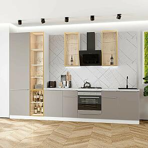 Модульный кухонный гарнитур Фьюжн-08 Clay Silk/Белый 2340x3400x600 Полки стекло