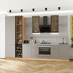 Модульный кухонный гарнитур Фьюжн-08 Clay Silk/Дуб Вотан 2340x3400x600 Полки стекло