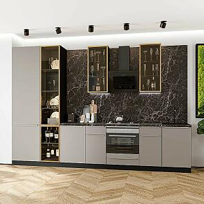 Модульный кухонный гарнитур Фьюжн-08 Clay Silk/Graphite 2340x3400x600 Полки стекло