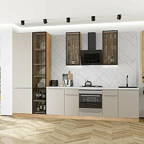 Модульный кухонный гарнитур Фьюжн-08 Cream Silk/Дуб Вотан 2340x3400x600 Полки стекло