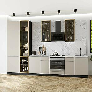 Модульный кухонный гарнитур Фьюжн-08 Cream Silk/Graphite 2340x3400x600 Полки стекло