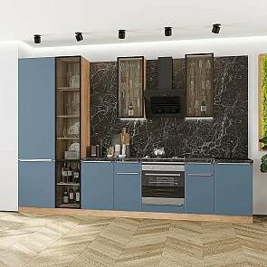Модульный кухонный гарнитур Фьюжн-08 Silky Blue/Дуб Вотан 2340x3400x600 Полки стекло
