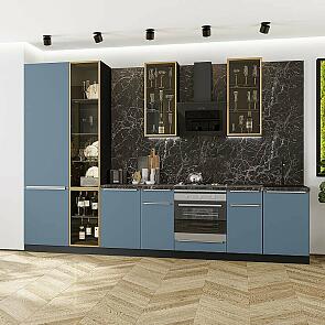 Модульный кухонный гарнитур Фьюжн-08 Silky Blue/Graphite 2340x3400x600 Полки стекло