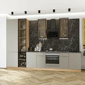 Модульный кухонный гарнитур Фьюжн-08 Silky Grey/Дуб Вотан 2340x3400x600 Полки стекло