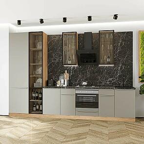 Модульный кухонный гарнитур Фьюжн-08 Silky Grey/Дуб Вотан 2340x3400x600 Полки стекло