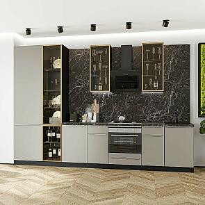 Модульный кухонный гарнитур Фьюжн-08 Silky Grey/Graphite 2340x3400x600 Полки стекло