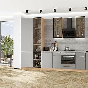 Модульный кухонный гарнитур Фьюжн-08 Silky Light Grey/Дуб Вотан 2340x3400x600 Полки стекло