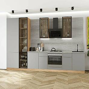 Модульный кухонный гарнитур Фьюжн-08 Silky Light Grey/Дуб Вотан 2340x3400x600 Полки стекло
