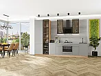 Модульный кухонный гарнитур Фьюжн-08 Silky Light Grey/Дуб Вотан 2340x3400x600 Полки стекло