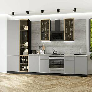 Модульный кухонный гарнитур Фьюжн-08 Silky Light Grey/Graphite 2340x3400x600 Полки стекло