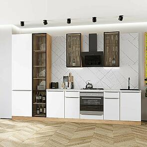Модульный кухонный гарнитур Фьюжн-08 Silky White/Дуб Вотан 2340x3400x600 Полки стекло
