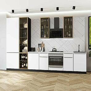 Модульный кухонный гарнитур Фьюжн-08 Silky White/Graphite 2340x3400x600 Полки стекло