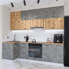 Модульный кухонный гарнитур Флэт-04 Temple Stone 2S, Wotan Oak 2S/Белый 2340x1000/2500x600