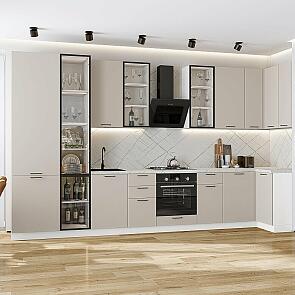 Кухня угловая Флэт-05 Cashmere In 2S/Белый Полки ЛДСП 2340*4000/1000*600