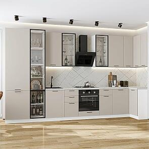 Кухня угловая Флэт-05 Cashmere In 2S/Белый Полки Стекло 2340*4000/1000*600
