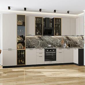 Кухня угловая Флэт-05 Cashmere In 2S/Graphite Полки ЛДСП 2340*4000/1000*600