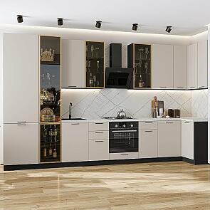 Кухня угловая Флэт-05 Cashmere In 2S/Graphite Полки Стекло 2340*4000/1000*600