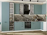 Модульный кухонный гарнитур Флэт-05 Grey-green In 2S/Белый 2340x4000/1000x600 Полки стекло