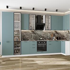 Модульный кухонный гарнитур Флэт-05 Grey-green In 2S/Белый 2340x4000/1000x600 Полки стекло