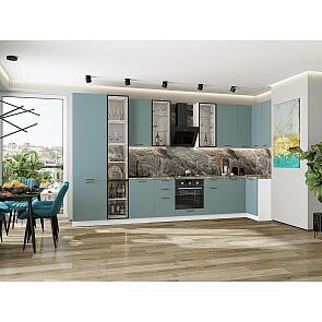 Модульный кухонный гарнитур Флэт-05 Grey-green In 2S/Белый 2340x4000/1000x600 Полки стекло