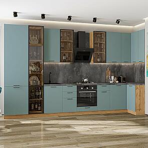 Кухня угловая Флэт-05 Grey-green In 2S/Дуб Вотан Полки ЛДСП 2340*4000/1000*600
