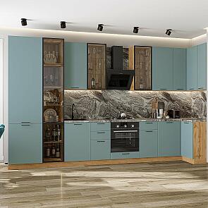 Кухня угловая Флэт-05 Grey-green In 2S/Дуб Вотан Полки Стекло 2340*4000/1000*600