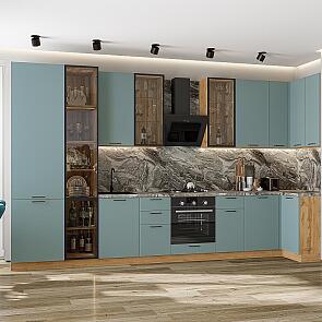 Модульный кухонный гарнитур Флэт-05 Grey-green In 2S/Дуб Вотан 2340x4000/1000x600 Полки стекло