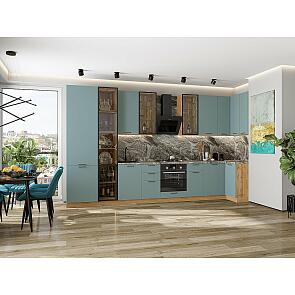 Модульный кухонный гарнитур Флэт-05 Grey-green In 2S/Дуб Вотан 2340x4000/1000x600 Полки стекло